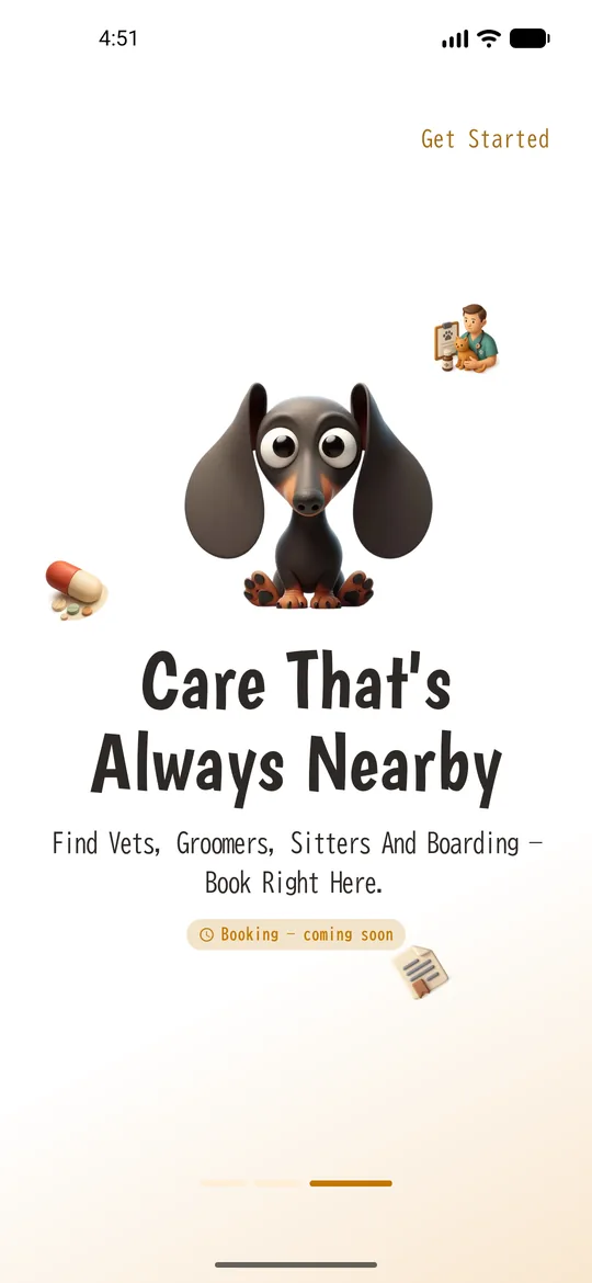 Intro screen: find vets, groomers, sitters and boarding