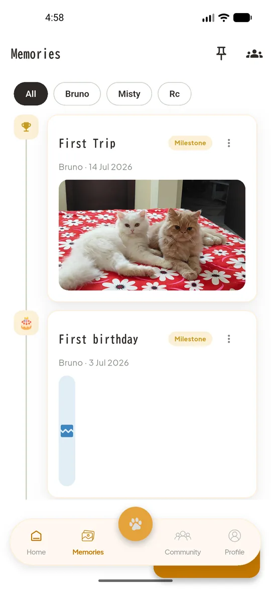 Go Paws memories timeline with milestones such as a first trip and a first birthday