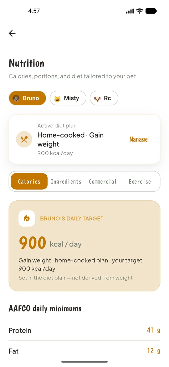 Go Paws nutrition screen showing a daily calorie target and AAFCO daily nutrient minimums